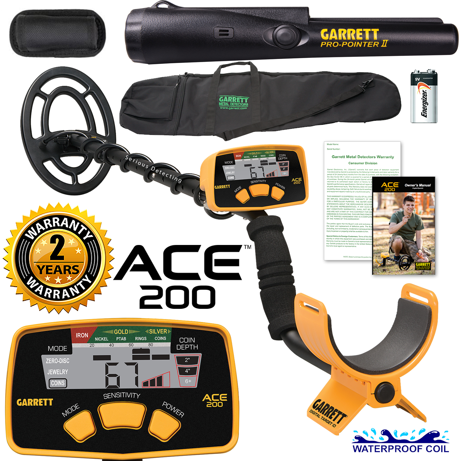 Garrett ACE 200 Metal Detector with Waterproof Search Coil and Carry Bag